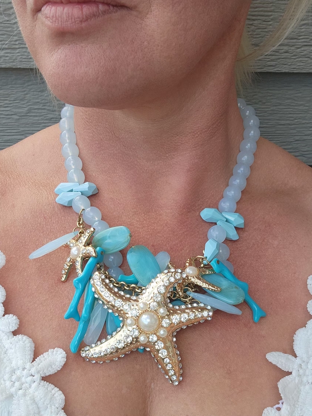 Gold Starfish Pendant Necklace with Turquoise Accents - Women Jewelry